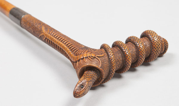 Detail of walking stick with carved snake and centipede design